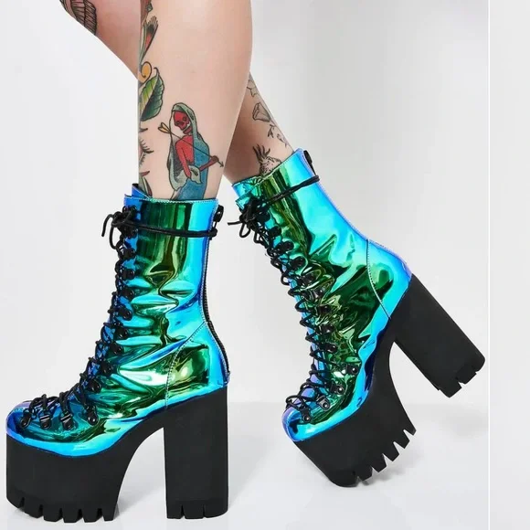 Rare boot metallic teal moonstone heel platform current mood rave festival edm - Picture 2 of 14